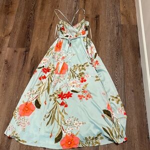 Lulu's Floral Maxi Dress in Light Blue and Red
